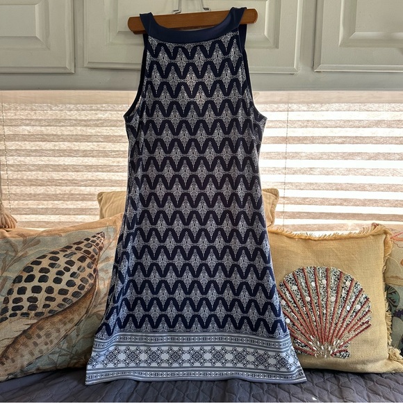 Sleeveless Midi Dress Size XS Blue White Alhambra Embroidered‎ Trim Stretch - Picture 2 of 8